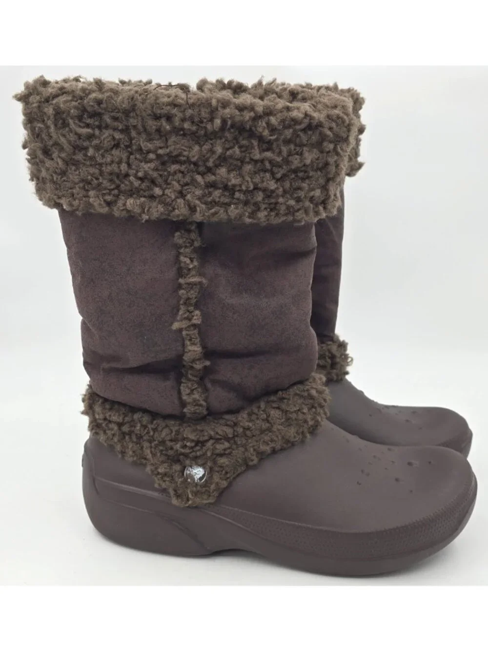 Crocs Tall Winter Boots Brown Faux Fur Lining & Cuff Pull On Comfort Women's 10